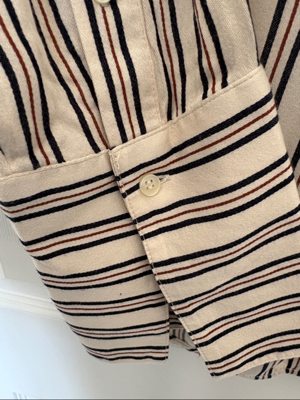 Women’sStriped Button-Up Shirt in Cream, Navy & Burgundy fits sm-med p2p 22” - Picture 3 of 6